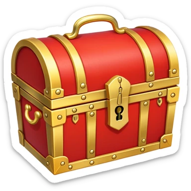 A bright red treasure chest from an RPG game with gold trim and a lock sticker