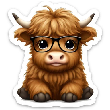 Cute Fluffy brown Highland cow baby sitting with a black glasses sticker