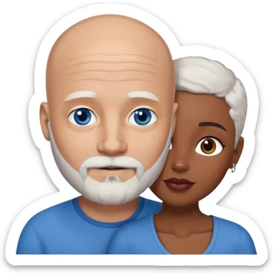 Talk bald white man with a white beard and blue eyes lovingly holding a black woman with brown eyes and grey hair sticker