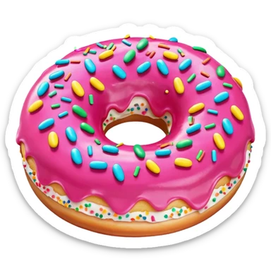 playful donut emoji with pink icing and colorful sprinkles, slight side perspective sticker