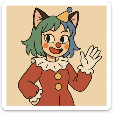 asian girl with cat ears, dressed like a clown, green and blue colored hair, anime-inspired style sticker