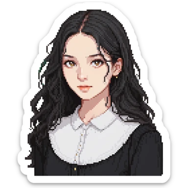 white woman with rounded brown eyes, long black hair, black blouse sticker