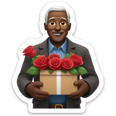 Older Man with roses and chocolates and flying hearts sticker