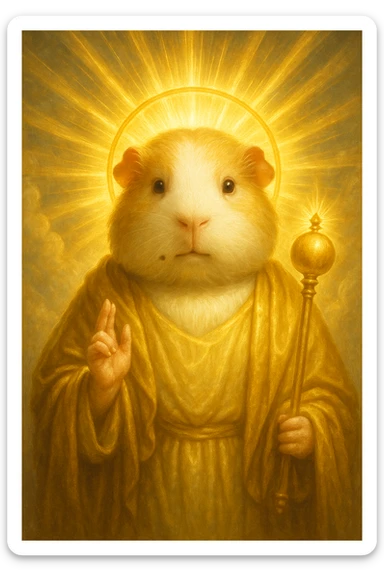 almighty guinea pig god with a mole on the left cheek, divine, radiant, powerful presence sticker