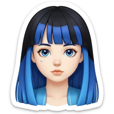 Pale girl with all black hair and bangs, but two strips of blue hair on the side sticker