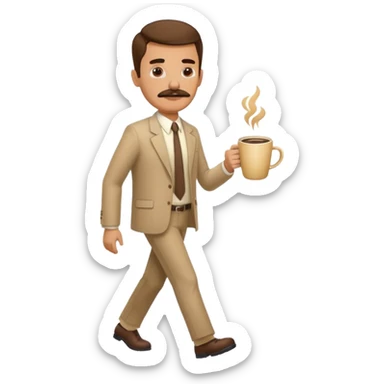 A guy with a mustache walking while holding a coffee cup, and the guy is tired ￼ sticker