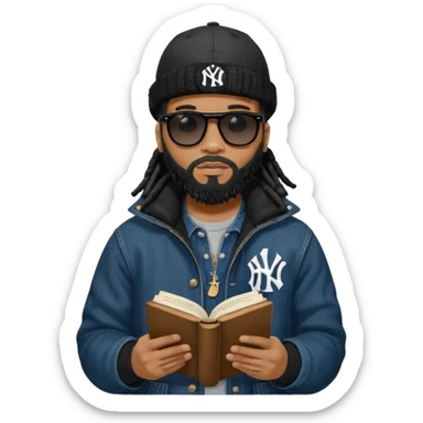 African American man with shoulder length black dreadlocks with black beard wearing black sunglasses wearing a black bubble winter coat wearing a black New York Yankees logo baseball cap wearing denim skinny jeans and Timberland boots reading a Bible sticker