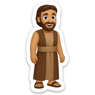 Create a centered full body image of Apostle Peter facing straight, wearing a sleeveless shirt and plain robes in classic emoji style. Use a brown clothes color palette with beige details in reverse color palette. He should be smiling with no background. The style should mimic classic emoji style with no background. sticker