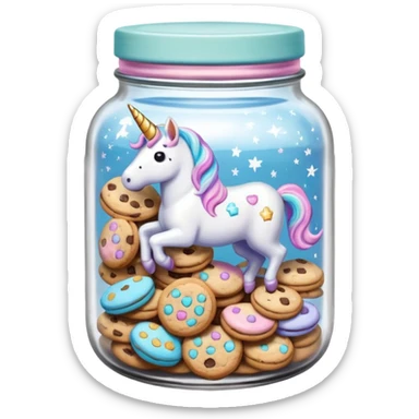 A sparkly pastel chewy chocolate chip unicorn cookie in an organized jar, saying "Cookie Jar" with some small illustrations on the jar to indicate there's cookies stored instead sticker