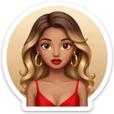 light brown skin tone, very beautiful woman, with big plump lips, long long lashes, ombre wavy long hair, brown eyes, red dress, gold hoop earrings sticker