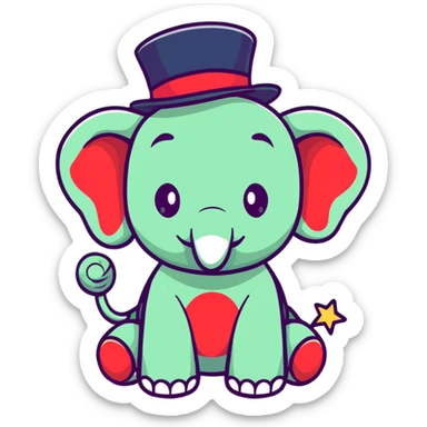 cute red elephant, big eyes, friendly smile, round and simple, wearing a stars-and-stripes top hat, cartoon sticker style sticker