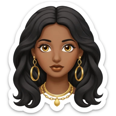 Attractive middle eastern woman with a wide face, baddie look, dark skin, Long wavy black hair and gold hoop earrings sticker