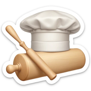 Cinematic Realistic Chef Hat & Rolling Pin, crisp white cotton hat with soft folds, resting beside a classic wooden rolling pin with smooth, polished curves, a light dusting of flour adding authenticity, warm kitchen lighting casting gentle shadows, glowing with a cozy and inviting charm. sticker