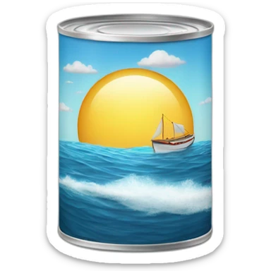 realistic can of tuna fish sowing the shape of a sailling boat on a sea background sticker