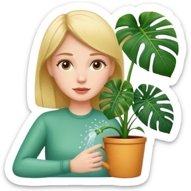 woman watering her monstera plant sticker