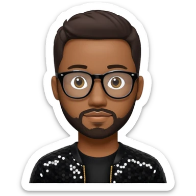 Nathan Morris (b.1971) from Boyz II Men with dark brown hair and short beard, black sequin outfit, glasses sticker