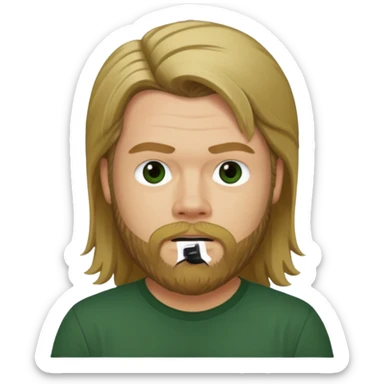 Ryan Dunn with long dark blonde hair, dark green shirt sticker