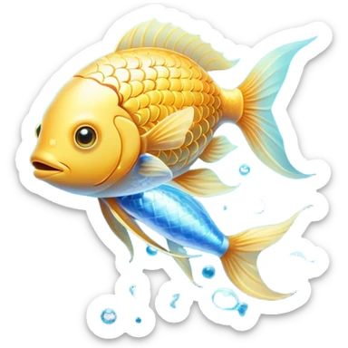 Ethereal golden fish swimming around a glowing brain, with omega-3 capsules floating between them. Flowing streams of luminous energy connect the fish, brain and omega symbol, all radiating with a soft golden light in a dreamy blue aura. sticker