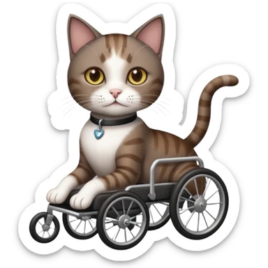 full body small short hair dark brown and white cat with hazel eyes walking in a wheelchair for cats sticker