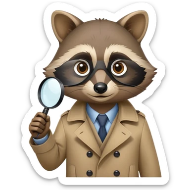 Raccoon private investigator with trenchcoat and magnifying glass sticker