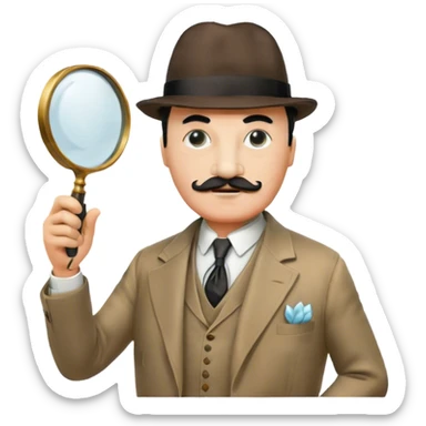 A cinematic-style frame showing Hercule Poirot in his iconic suit with a magnifying glass in a dramatic detective pose. Background should be mysterious city background and subtle clues like fingerprints or a crime scene. Transparent background. sticker