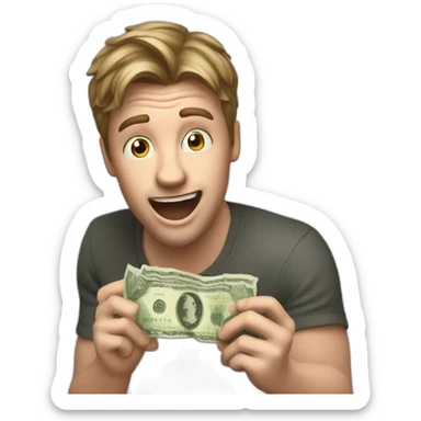 White guy with dark blond hair holding a euro bill in his hands acting surprised sticker