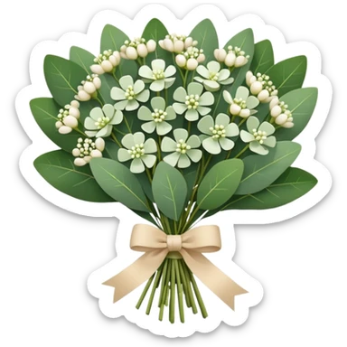 bouquet of eucalyptus and gypsophila flowers with beige ribbon sticker