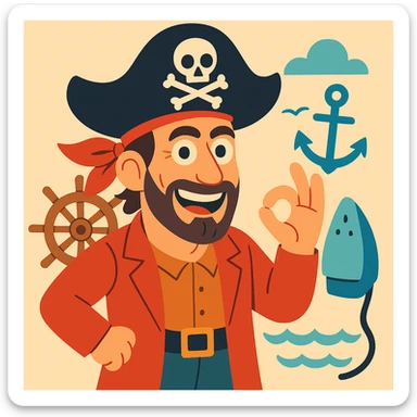 A pirate with the face of the man in the reference image, playful expression, nautical elements in the background. sticker