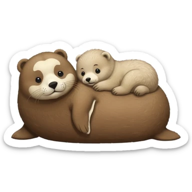 tiny white seal laying on a big brown bear’s belly sticker