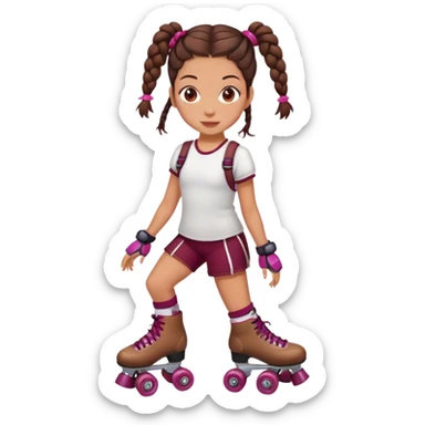 Cute girl, brunette with two braids, burgundy rollerskates sticker