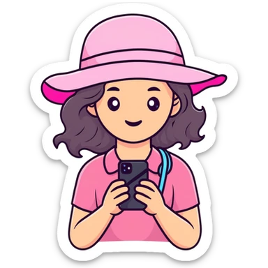 white girl with wavy hair holding her phone and a pink beach hat sticker