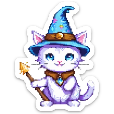 wizard cat with a pointy hat and magic wand sticker