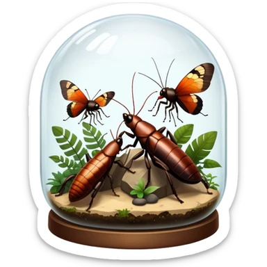 Close-up of giant Madagascar hissing cockroaches, butterflies, and stick insects inside a terrarium, with detailed textures of their bodies, wings, and legs. Soft lighting highlights their features. Transparent background. sticker