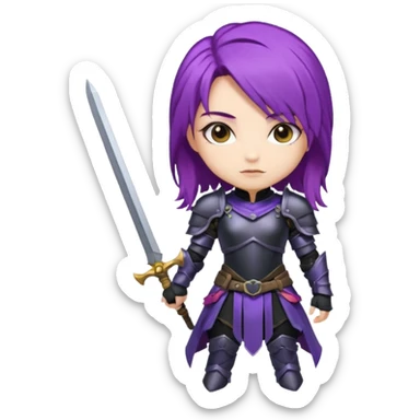 mysterious warrior girl with flowing purple hair, dressed in black armor, chibi proportions sticker