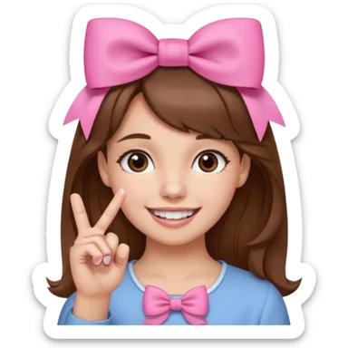 Chica con pelo marron sonriendo con un lazo rosa en la cabeza y con la punta del dedo indice entre los dientes con delicadeza y la otra mano que no salga en el emoji sticker