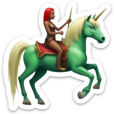 four-legged green unicorn white. a red amazon alien woman, on a unicorn sticker