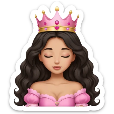 Very tanned princess, with long black wavy hair and a crown, a pink princess Outfit. In love with hearts. With Closed Eyes. Sleeping. sticker