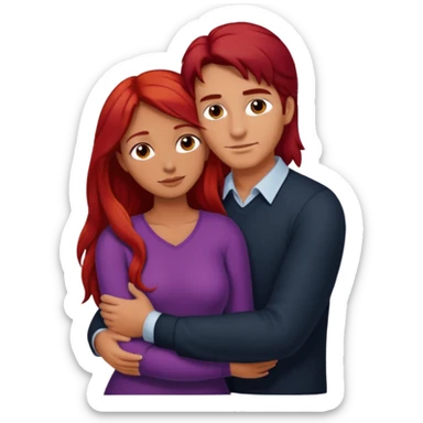 Tall man with dark hair hugging shorter woman with long red hair  sticker