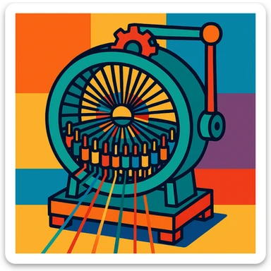 stylized circular weaving machine, colorful, with visible threads sticker