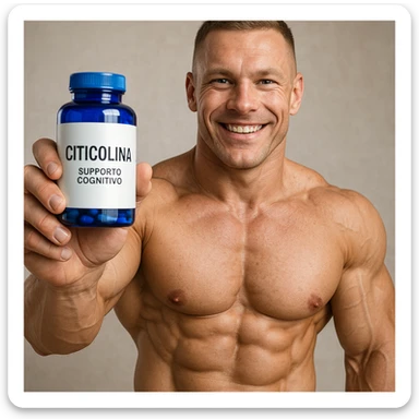 hyper realistic bodybuilder smiling showing blue bottle of Citicolina, defined muscles, visible label, text 'Citicolina: supporto cognitivo', positive atmosphere sticker