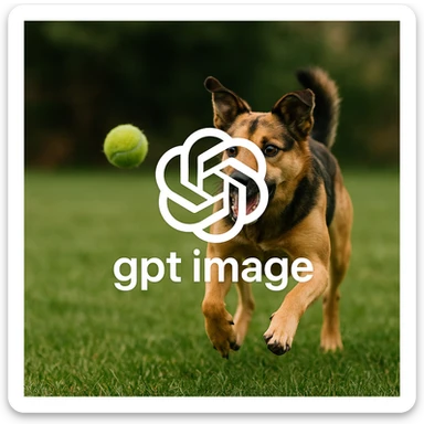  logo of chat gpt with text "gpt image" on the background of a dog chasing ball, realistic image sticker