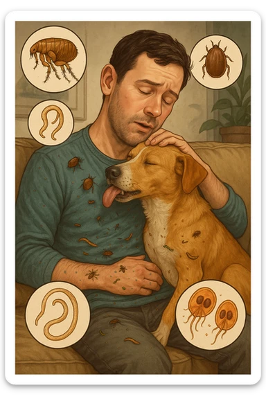 "Man cuddling with his beloved dog on couch, unaware that fleas, ticks, and worms are jumping from pet's fur onto his clothing, microscopic visualization showing roundworms, hookworms, and giardia transferring between species, expression of loving pet owner ignorant of health risks, living room becoming cross-contamination zone, pet's scratching and licking spreading parasites to human environment" in italiano sticker