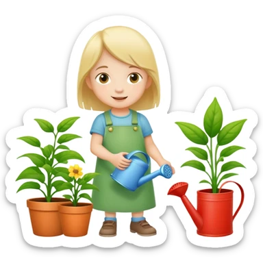 child watering plants with a watering can, cheerful and green sticker