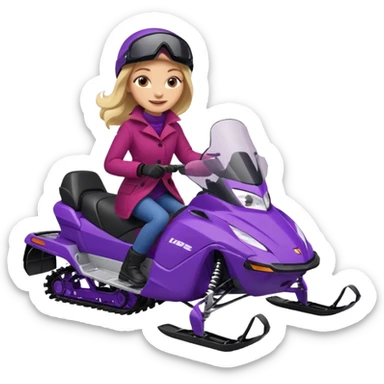 Woman on purple snowmobile wearing red coat sticker