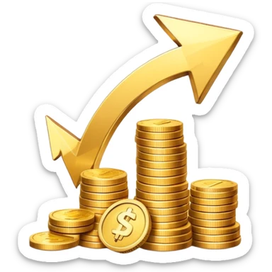 upward arrow beside a small stack of gold coins, financial growth symbol sticker