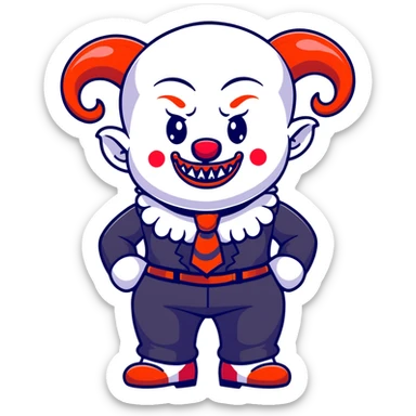 full-body demonic clown in black and white leisure suit with bellbottom pants, bald, black ram horns, flashy black and white belt, ruffled white shirt, no neck tie, large fangs, cartoon sticker style sticker