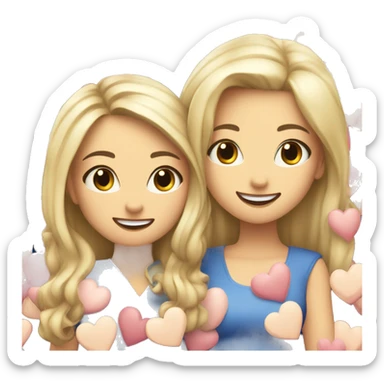 blonde Caucasian female and brunette Caucasian female best friends happy smiling with hearts everywhere sticker