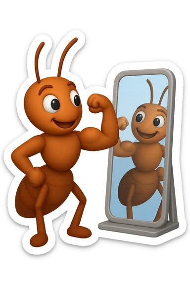 EMOJI STILE IPHONE 3D DI una formica che si guarda allo specchio felice e sicura di sè mentre contrae il suo bicipite muscoloso, fagli anche la parte bianca degli OCCHI, non solo la pupilla sticker