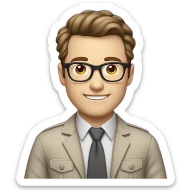 Joyful Pale skinned Fit Man With dark brown hair in gray jacket, beige office shirt, Brown pants and vintage glasses. His thrumbs up sticker