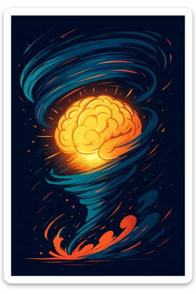 A stylized tornado swirling around a glowing brain, representing the concept of a brainstormer, with dynamic energy and motion. sticker